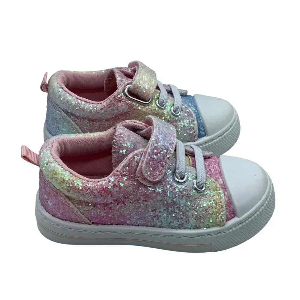 Kids Glitter Rainbow Sneakers With Velcro Strap & Lace-Up Detail Size 4